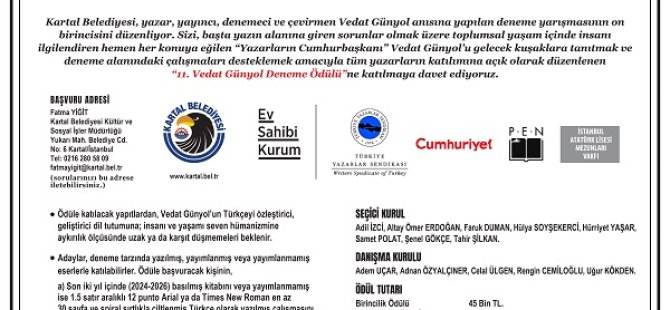 VEDAT GÜNYOL 11. DENEME ÖDÜLÜ BAŞVURULARI BAŞLADI