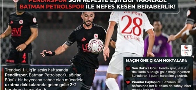 PENDİK'TE SON SON NEFESTE EŞİTLİĞİ YAKALADI:BATMAN PETROLSPOR İLE NEFES KESEN BERABERLİK!