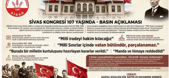 KARTAL SİDAD'DAN SİVAS KONGRESİ'NİN 107. YIL DÖNÜMÜNDE ANLAMLI MESAJ